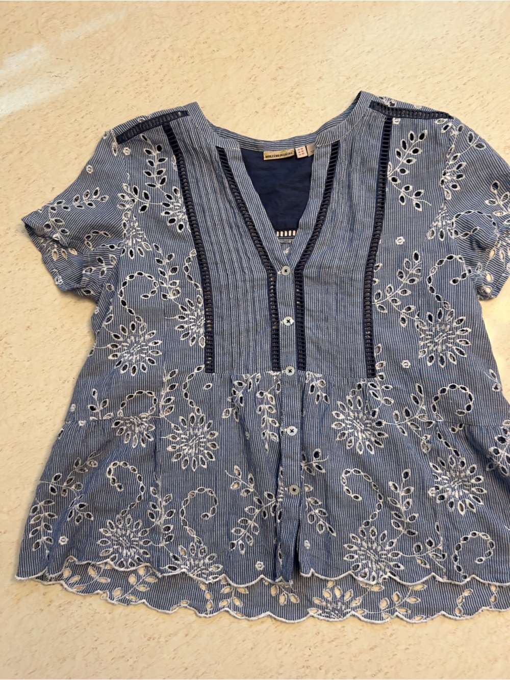 HOLDING HORSES Blue and White eyelet Shirt